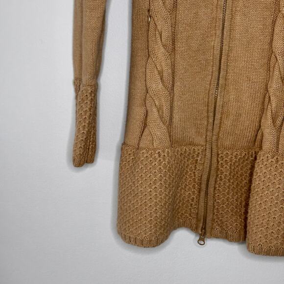 Athleta Cable Knit Zip Up Sweater Cardigan Hooded Camel Size Small Pre-Loved - Picture 15 of 16